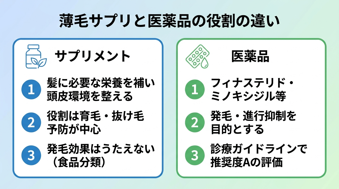 タイトル: 薄毛サプリと医薬品の役割の違い。横並び2カードで比較: カード1(サプリのアイコン)ヘッダー: サプリメント、説明: 髪に必要な栄養を補い頭皮環境を整える。役割は育毛・抜け毛予防が中心。発毛効果はうたえない(食品分類)。カード2(錠剤のアイコン)ヘッダー: 医薬品、説明: フィナステリド・ミノキシジル等。発毛・進行抑制を目的とする。診療ガイドラインで推奨度Aの評価。