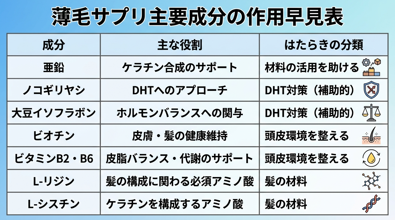 タイトル: 薄毛サプリ主要成分の作用早見表。3列の表: ヘッダー行: 成分 | 主な役割 | はたらきの分類。行1: 亜鉛 | ケラチン合成のサポート | 材料の活用を助ける。行2: ノコギリヤシ | DHTへのアプローチ | DHT対策(補助的)。行3: 大豆イソフラボン | ホルモンバランスへの関与 | DHT対策(補助的)。行4: ビオチン | 皮膚・髪の健康維持 | 頭皮環境を整える。行5: ビタミンB2・B6 | 皮脂バランス・代謝のサポート | 頭皮環境を整える。行6: L-リジン | 髪の構成に関わる必須アミノ酸 | 髪の材料。行7: L-シスチン | ケラチンを構成するアミノ酸 | 髪の材料