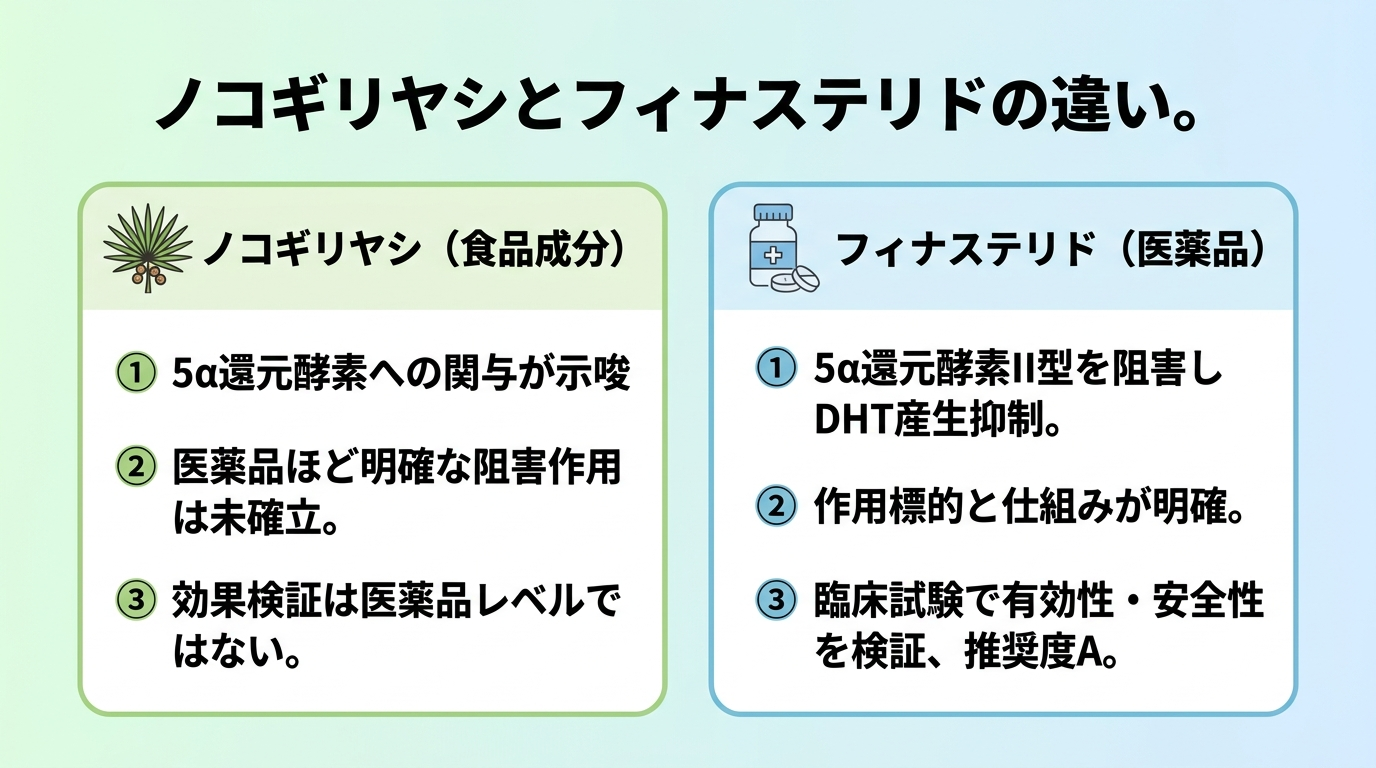 タイトル: ノコギリヤシとフィナステリドの違い。横並び2カードで比較: カード1(植物のアイコン)ヘッダー: ノコギリヤシ(食品成分)、説明: 5α還元酵素に関わるとされる。医薬品ほど明確な阻害作用は確立していない。効果検証は医薬品レベルではない。カード2(処方薬のアイコン)ヘッダー: フィナステリド(医薬品)、説明: 5α還元酵素II型を阻害しDHT産生を抑える。作用標的と仕組みが明確。臨床試験で有効性・安全性を検証し推奨度A。