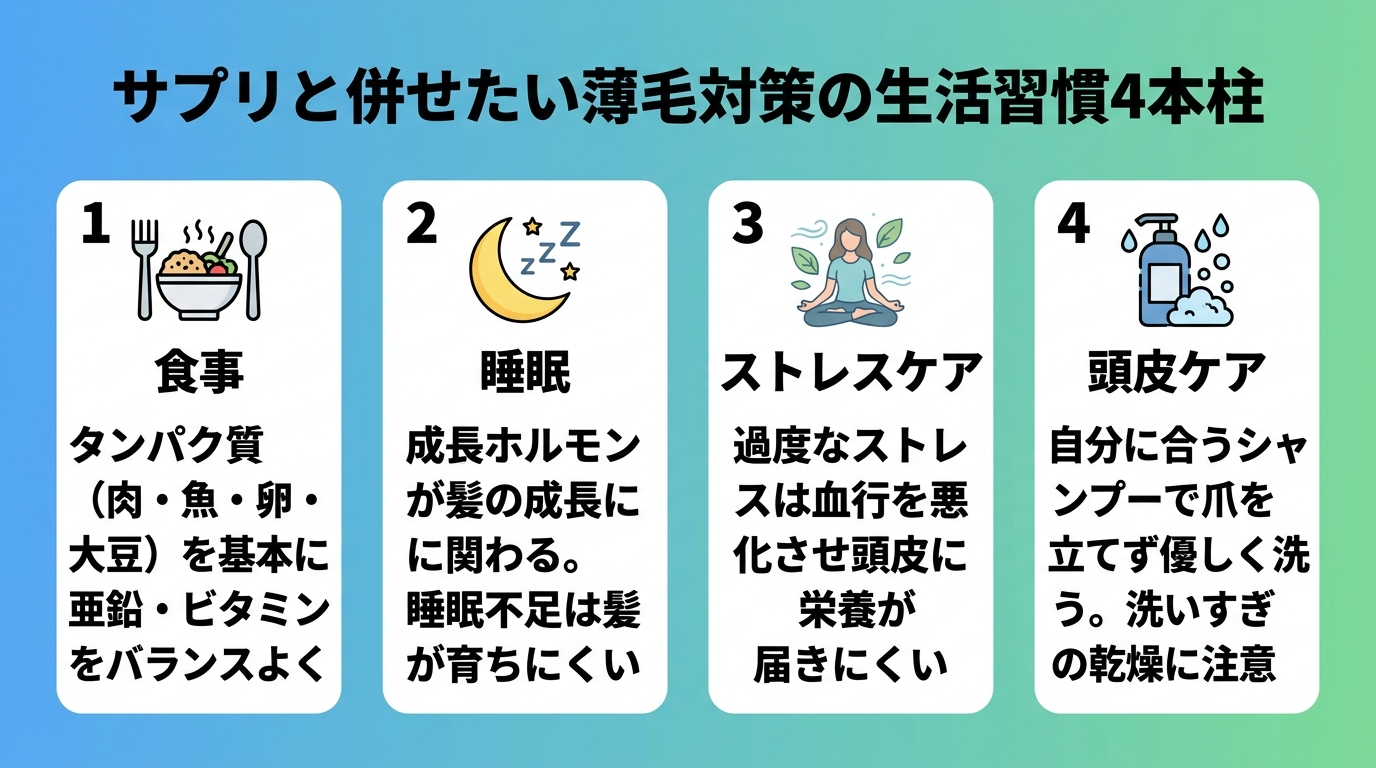 タイトル: サプリと併せたい薄毛対策の生活習慣4本柱。横並び4カード: カード1(食事のアイコン)ヘッダー: 食事、説明: タンパク質(肉・魚・卵・大豆)を基本に亜鉛・ビタミンをバランスよく。カード2(睡眠のアイコン)ヘッダー: 睡眠、説明: 成長ホルモンが髪の成長に関わる。睡眠不足は髪が育ちにくい。カード3(リラックスのアイコン)ヘッダー: ストレスケア、説明: 過度なストレスは血行を悪化させ頭皮に栄養が届きにくい。カード4(シャンプーのアイコン)ヘッダー: 頭皮ケア、説明: 自分に合うシャンプーで爪を立てず優しく洗う。洗いすぎの乾燥に注意。