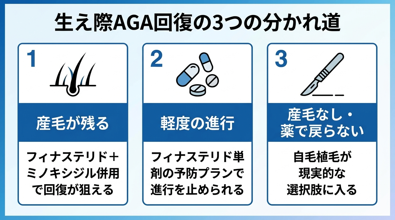 タイトル: 生え際AGA回復の3つの分かれ道。横並び3カードで: カード1(産毛のアイコン)ヘッダー: 産毛が残る、説明: フィナステリド+ミノキシジル併用で回復が狙える。カード2(薬のアイコン)ヘッダー: 軽度の進行、説明: フィナステリド単剤の予防プランで進行を止められる。カード3(メスのアイコン)ヘッダー: 産毛なし・薬で戻らない、説明: 自毛植毛が現実的な選択肢に入る