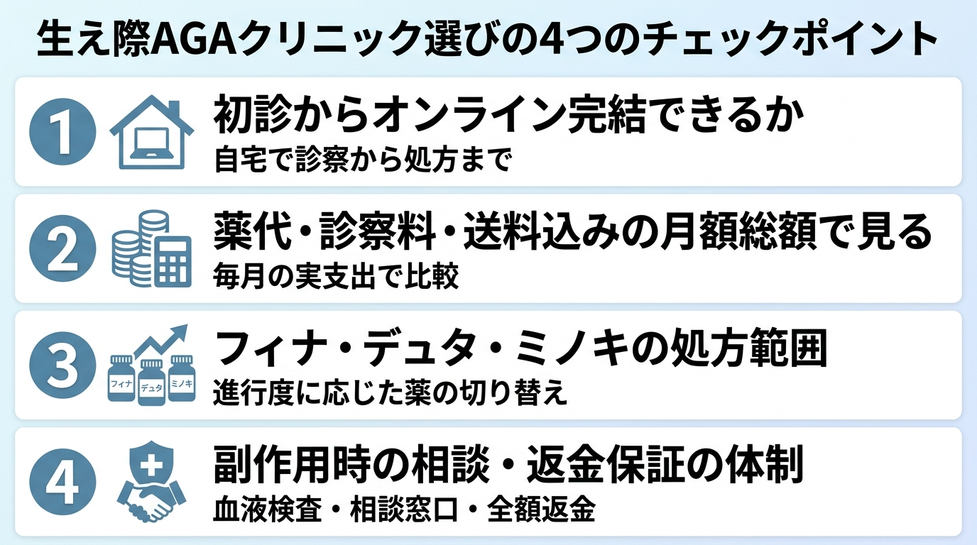 タイトル: 生え際AGAクリニック選びの4つのチェックポイント。縦並び4項目のチェックリスト形式で: 項目1: 初診からオンライン完結できるか(自宅で診察から処方まで)。項目2: 薬代・診察料・送料込みの月額総額で見る(毎月の実支出で比較)。項目3: フィナ・デュタ・ミノキの処方範囲(進行度に応じた薬の切り替え)。項目4: 副作用時の相談・返金保証の体制(血液検査・相談窓口・全額返金)