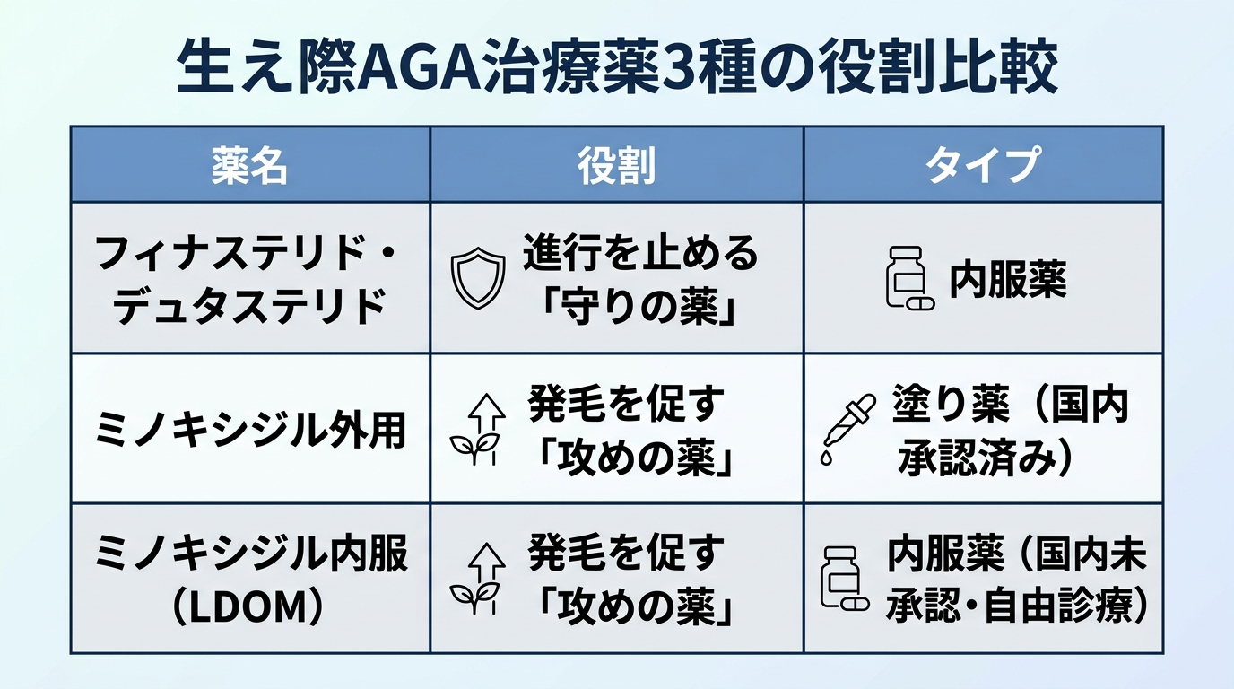 タイトル: 生え際AGA治療薬3種の役割比較。3列の表: ヘッダー行: 薬名 | 役割 | タイプ。行1: フィナステリド・デュタステリド | 進行を止める「守りの薬」 | 内服薬。行2: ミノキシジル外用 | 発毛を促す「攻めの薬」 | 塗り薬(国内承認済み)。行3: ミノキシジル内服(LDOM) | 発毛を促す「攻めの薬」 | 内服薬(国内未承認・自由診療)