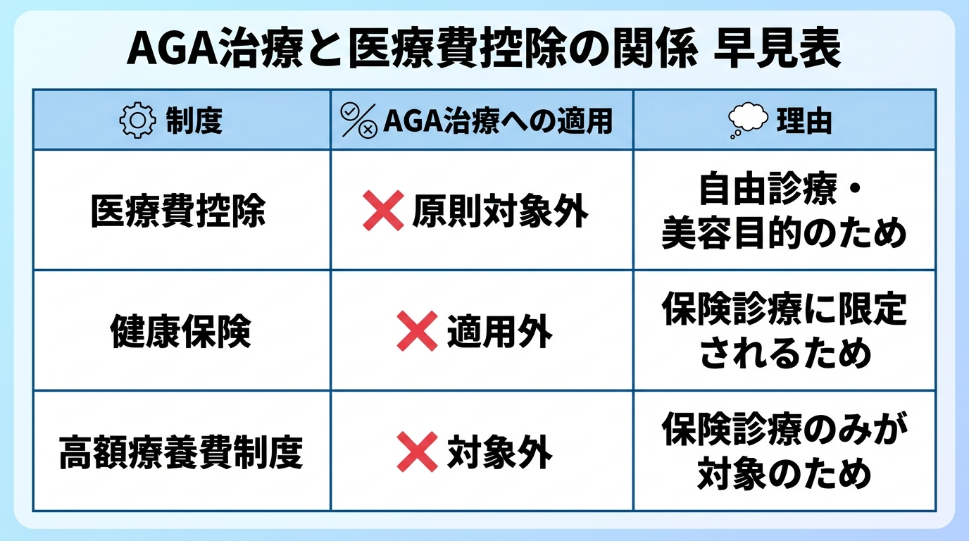タイトル: AGA治療と医療費控除の関係 早見表。3行の表: ヘッダー行: 制度 | AGA治療への適用 | 理由。行1: 医療費控除 | 原則対象外 | 自由診療・美容目的のため。行2: 健康保険 | 適用外 | 保険診療に限定されるため。行3: 高額療養費制度 | 対象外 | 保険診療のみが対象のため