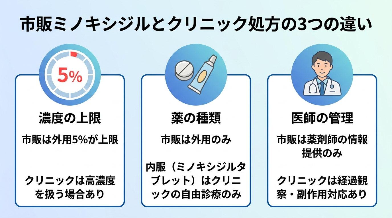 タイトル: 市販ミノキシジルとクリニック処方の3つの違い。横並び3カードで: カード1(数字アイコン)ヘッダー: 濃度の上限、説明: 市販は外用5%が上限。クリニックは高濃度を扱う場合あり。カード2(錠剤アイコン)ヘッダー: 薬の種類、説明: 市販は外用のみ。内服(ミノキシジルタブレット)はクリニックの自由診療のみ。カード3(医師アイコン)ヘッダー: 医師の管理、説明: 市販は薬剤師の情報提供のみ。クリニックは経過観察・副作用対応あり。