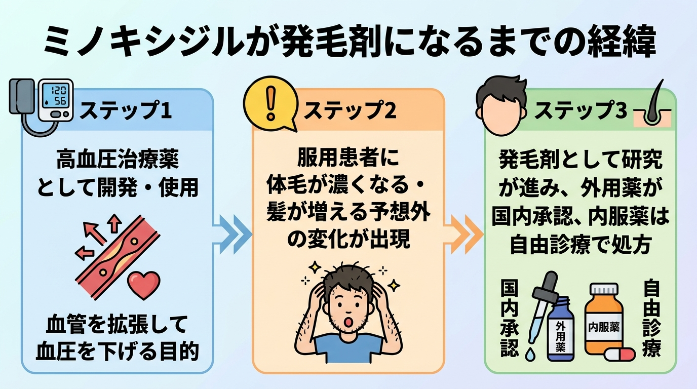 タイトル: ミノキシジルが発毛剤になるまでの経緯。縦型フロー図3ステップ: ステップ1(血圧計のアイコン)高血圧治療薬として開発・使用、血管を拡張して血圧を下げる目的。ステップ2(びっくりマークのアイコン)服用患者に体毛が濃くなる・髪が増える予想外の変化が出現。ステップ3(毛髪のアイコン)発毛剤として研究が進み、外用薬が国内承認、内服薬は自由診療で処方。