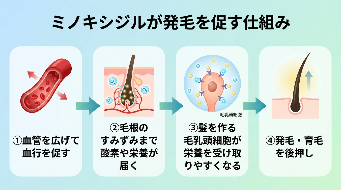 タイトル: ミノキシジルが発毛を促す仕組み。横型フロー図4ステップ: ステップ1(血管のアイコン)血管を広げて血行を促す。ステップ2(毛根のアイコン)毛根のすみずみまで酸素や栄養が届く。ステップ3(細胞のアイコン)髪を作る毛乳頭細胞が栄養を受け取りやすくなる。ステップ4(毛髪のアイコン)発毛・育毛を後押し。