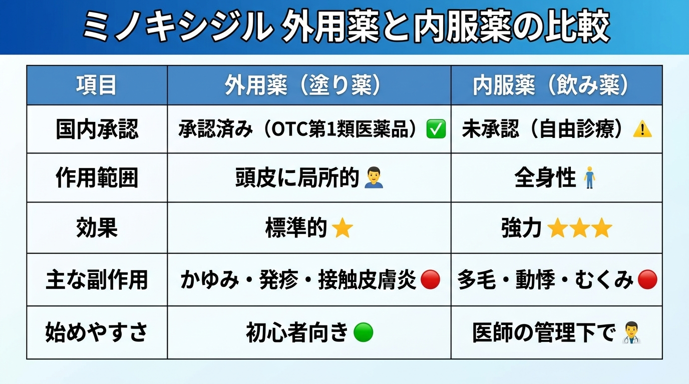 タイトル: ミノキシジル 外用薬と内服薬の比較。3列の表: ヘッダー行: 項目 | 外用薬(塗り薬) | 内服薬(飲み薬)。行1: 国内承認 | 承認済み(OTC第1類医薬品) | 未承認(自由診療)。行2: 作用範囲 | 頭皮に局所的 | 全身性。行3: 効果 | 標準的 | 強力。行4: 主な副作用 | かゆみ・発疹・接触皮膚炎 | 多毛・動悸・むくみ。行5: 始めやすさ | 初心者向き | 医師の管理下で。