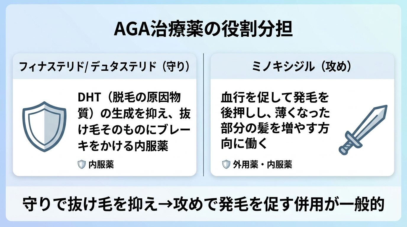 タイトル: AGA治療薬の役割分担。横並び2カードで: カード1(盾のアイコン)ヘッダー: フィナステリド/デュタステリド(守り)、説明: DHT(脱毛の原因物質)の生成を抑え、抜け毛そのものにブレーキをかける内服薬。カード2(剣のアイコン)ヘッダー: ミノキシジル(攻め)、説明: 血行を促して発毛を後押しし、薄くなった部分の髪を増やす方向に働く。下部にまとめ: 守りで抜け毛を抑え、攻めで発毛を促す併用が一般的。