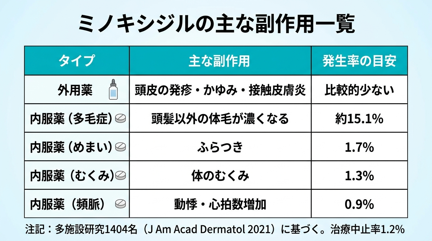 タイトル: ミノキシジルの主な副作用一覧。3列の表: ヘッダー行: タイプ | 主な副作用 | 発生率の目安。行1: 外用薬 | 頭皮の発疹・かゆみ・接触皮膚炎 | 比較的少ない。行2: 内服薬(多毛症) | 頭髪以外の体毛が濃くなる | 約15.1%。行3: 内服薬(めまい) | ふらつき | 1.7%。行4: 内服薬(むくみ) | 体のむくみ | 1.3%。行5: 内服薬(頻脈) | 動悸・心拍数増加 | 0.9%。下部に注記: 多施設研究1404名(J Am Acad Dermatol 2021)に基づく。治療中止率1.2%。