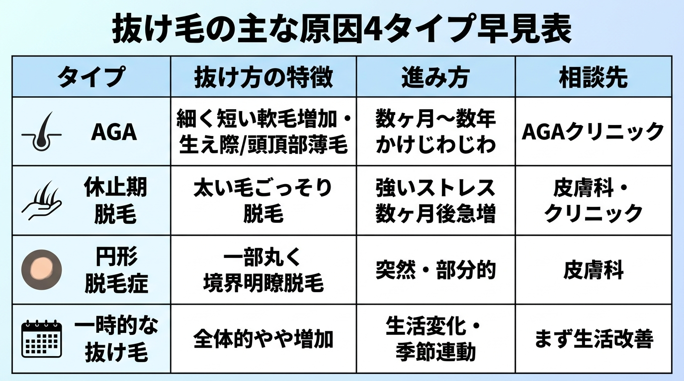 タイトル: 抜け毛の主な原因4タイプ早見表。4列の表: ヘッダー行: タイプ | 抜け方の特徴 | 進み方 | 相談先。行1: AGA | 細く短い軟毛が増える・生え際/頭頂部が薄まる | 数ヶ月〜数年かけてじわじわ | AGAクリニック。行2: 休止期脱毛 | 太い毛がごっそり抜ける | 強いストレスの数ヶ月後に急増 | 皮膚科・クリニック。行3: 円形脱毛症 | 一部が丸く境界明瞭に抜ける | 突然・部分的 | 皮膚科。行4: 一時的な抜け毛 | 全体的にやや増加 | 生活変化・季節に連動 | まず生活改善。