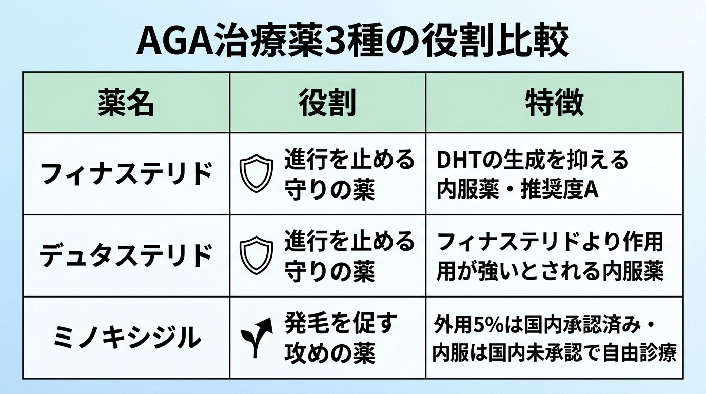 タイトル: AGA治療薬3種の役割比較。3列の表: ヘッダー行: 薬名 | 役割 | 特徴。行1: フィナステリド | 進行を止める守りの薬 | DHTの生成を抑える内服薬・推奨度A。行2: デュタステリド | 進行を止める守りの薬 | フィナステリドより作用が強いとされる内服薬。行3: ミノキシジル | 発毛を促す攻めの薬 | 外用5%は国内承認済み・内服は国内未承認で自由診療。