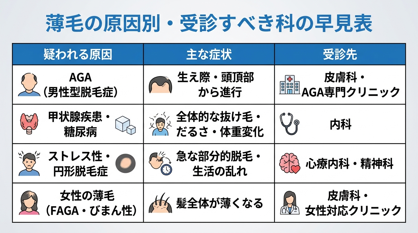 タイトル: 薄毛の原因別・受診すべき科の早見表。3列の表: ヘッダー行: 疑われる原因 | 主な症状 | 受診先。行1: AGA(男性型脱毛症) | 生え際・頭頂部から進行 | 皮膚科・AGA専門クリニック。行2: 甲状腺疾患・糖尿病 | 全体的な抜け毛・だるさ・体重変化 | 内科。行3: ストレス性・円形脱毛症 | 急な部分的脱毛・生活の乱れ | 心療内科・精神科。行4: 女性の薄毛(FAGA・びまん性) | 髪全体が薄くなる | 皮膚科・女性対応クリニック