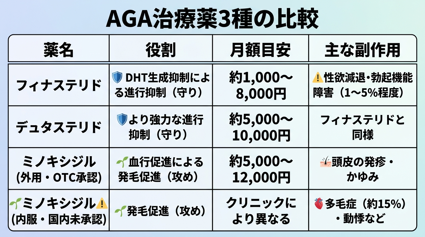 タイトル: AGA治療薬3種の比較。4列の表: ヘッダー行: 薬名 | 役割 | 月額目安 | 主な副作用。行1: フィナステリド | DHT生成を抑え進行を抑制(守り) | 約1,000〜8,000円 | 性欲減退・勃起機能障害が1〜5%程度。行2: デュタステリド | より強力に進行を抑制(守り) | 約5,000〜10,000円 | フィナステリドと同様。行3: ミノキシジル(外用・OTC承認) | 血行促進で発毛を促す(攻め) | 約5,000〜12,000円 | 頭皮の発疹・かゆみ。行4: ミノキシジル(内服・国内未承認) | 発毛促進(攻め) | クリニックにより異なる | 多毛症約15%・動悸など