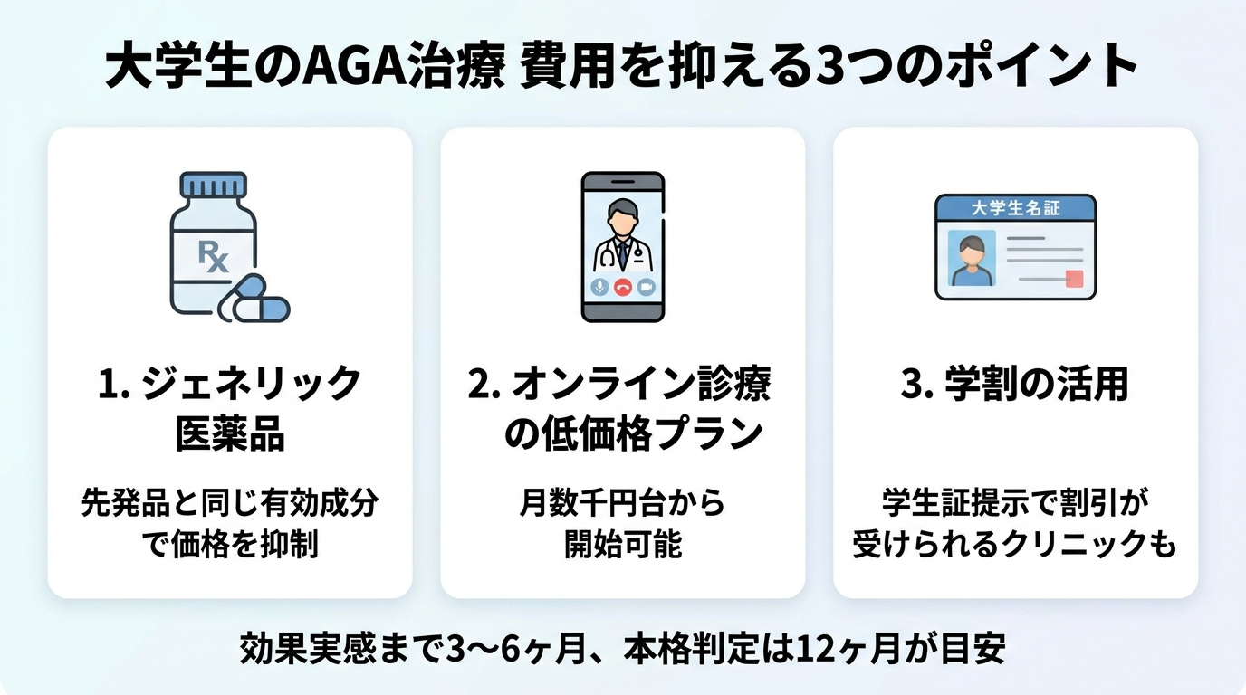 タイトル: 大学生のAGA治療 費用を抑える3つのポイント。横並び3カードで: カード1(薬のアイコン)ヘッダー: ジェネリック医薬品、説明: 先発品と同じ有効成分で価格を抑制。カード2(スマホのアイコン)ヘッダー: オンライン診療の低価格プラン、説明: 月数千円台から開始可能。カード3(学生証のアイコン)ヘッダー: 学割の活用、説明: 学生証提示で割引が受けられるクリニックも。下部に「効果実感まで3〜6ヶ月、本格判定は12ヶ月が目安」と記載