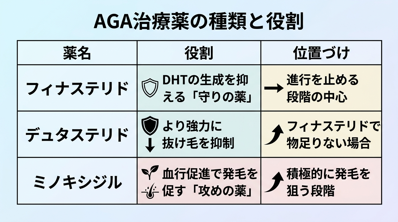 タイトル: AGA治療薬の種類と役割。3列の表: ヘッダー行: 薬名 | 役割 | 位置づけ。行1: フィナステリド | DHTの生成を抑える「守りの薬」 | 進行を止める段階の中心。行2: デュタステリド | より強力に抜け毛を抑制 | フィナステリドで物足りない場合。行3: ミノキシジル | 血行促進で発毛を促す「攻めの薬」 | 積極的に発毛を狙う段階