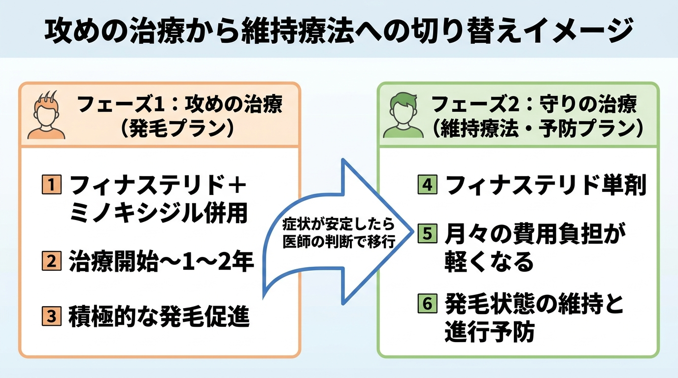 タイトル: 攻めの治療から維持療法への切り替えイメージ。2フェーズの図解: フェーズ1「攻めの治療（発毛プラン）: フィナステリド＋ミノキシジル併用、治療開始〜1〜2年」→ 矢印「症状が安定したら医師の判断で移行」→ フェーズ2「守りの治療（維持療法・予防プラン）: フィナステリド単剤、月々の費用負担が軽くなる」