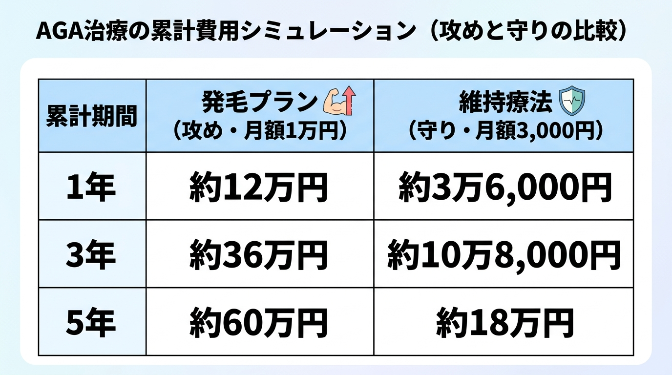 タイトル: AGA治療の累計費用シミュレーション（攻めと守りの比較）。3列の表: ヘッダー行: 累計期間 | 発毛プラン（攻め・月額1万円） | 維持療法（守り・月額3,000円）。行1: 1年 | 約12万円 | 約3万6,000円。行2: 3年 | 約36万円 | 約10万8,000円。行3: 5年 | 約60万円 | 約18万円