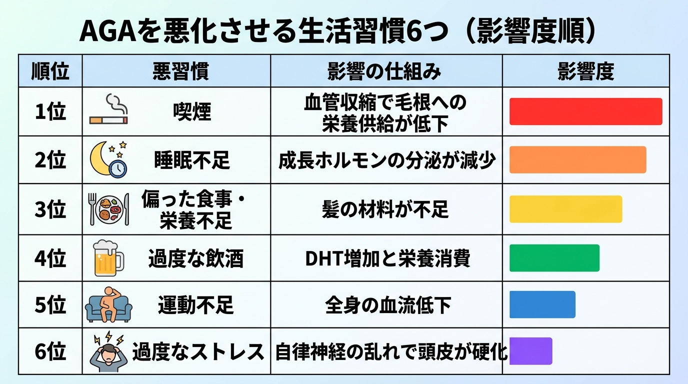 タイトル: AGAを悪化させる生活習慣6つ(影響度順)。縦並びのランキング表で6行: 1位 喫煙|血管収縮で毛根への栄養供給が低下。2位 睡眠不足|成長ホルモンの分泌が減少。3位 偏った食事・栄養不足|髪の材料が不足。4位 過度な飲酒|DHT増加と栄養消費。5位 運動不足|全身の血流低下。6位 過度なストレス|自律神経の乱れで頭皮が硬化。各行に影響度を示すバー(1位が最も長い)を付ける