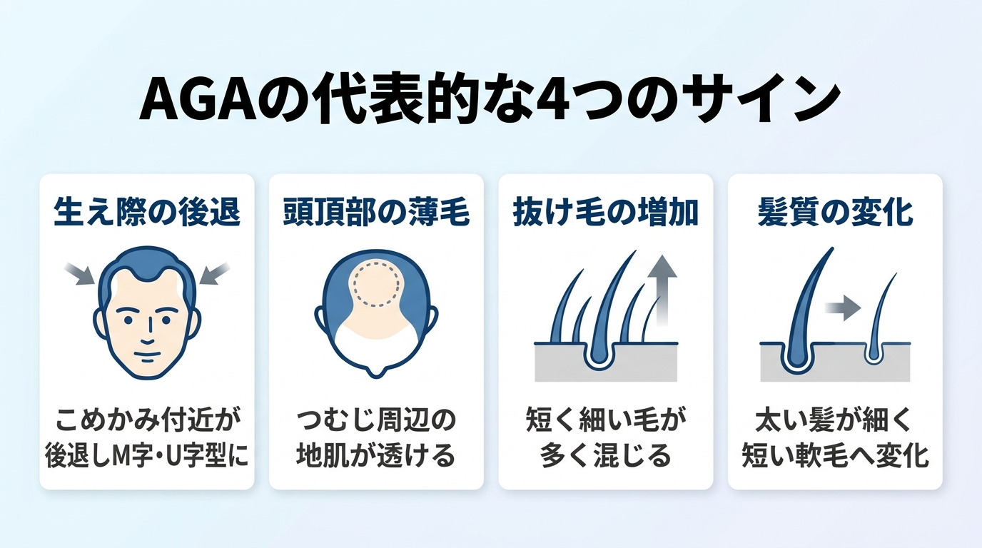 タイトル: AGAの代表的な4つのサイン。横並び4カードで: カード1（生え際のアイコン）ヘッダー: 生え際の後退、説明: こめかみ付近が後退しM字・U字型に。カード2（頭頂部のアイコン）ヘッダー: 頭頂部の薄毛、説明: つむじ周辺の地肌が透ける。カード3（抜け毛のアイコン）ヘッダー: 抜け毛の増加、説明: 短く細い毛が多く混じる。カード4（髪の毛のアイコン）ヘッダー: 髪質の変化、説明: 太い髪が細く短い軟毛へ変化