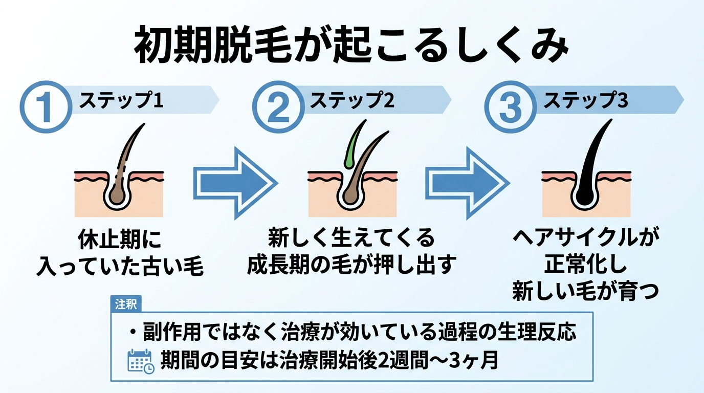 タイトル: 初期脱毛が起こるしくみ。フロー図で3ステップ: ステップ1(古い毛のアイコン)休止期に入っていた古い毛。矢印。ステップ2(新しい芽のアイコン)新しく生えてくる成長期の毛が押し出す。矢印。ステップ3(健康な毛のアイコン)ヘアサイクルが正常化し新しい毛が育つ。注釈: 副作用ではなく治療が効いている過程の生理反応。期間の目安は治療開始後2週間〜3ヶ月