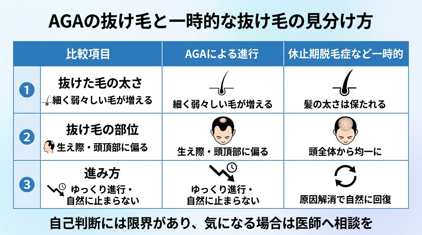 タイトル: AGAの抜け毛と一時的な抜け毛の見分け方。2列の比較表インフォグラフィック。ヘッダー行: 比較項目 | AGAによる進行 | 休止期脱毛症など一時的。行1: 抜けた毛の太さ | 細く弱々しい毛が増える | 髪の太さは保たれる。行2: 抜け毛の部位 | 生え際・頭頂部に偏る | 頭全体から均一に。行3: 進み方 | ゆっくり進行・自然に止まらない | 原因解消で自然に回復。下部に注記: 自己判断には限界があり、気になる場合は医師へ相談を