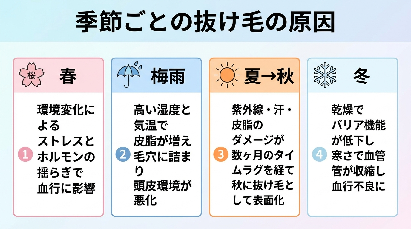 タイトル: 季節ごとの抜け毛の原因。横並び4カードで: カード1(太陽のアイコン)ヘッダー: 夏→秋、説明: 紫外線・汗・皮脂のダメージが数ヶ月のタイムラグを経て秋に抜け毛として表面化。カード2(雨のアイコン)ヘッダー: 梅雨、説明: 高い湿度と気温で皮脂が増え毛穴に詰まり頭皮環境が悪化。カード3(桜のアイコン)ヘッダー: 春、説明: 環境変化によるストレスとホルモンの揺らぎで血行に影響。カード4(雪のアイコン)ヘッダー: 冬、説明: 乾燥でバリア機能が低下し寒さで血管が収縮し血行不良に