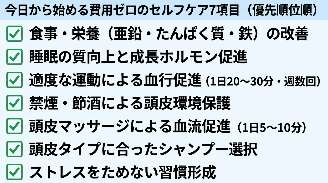 タイトル: 今日から始める費用ゼロのセルフケア7項目(優先順位順)。縦並びリスト形式の早見表で7行: 1. 食事・栄養(亜鉛・たんぱく質・鉄)を整える。2. 睡眠の質を上げて成長ホルモンを促す。3. 適度な運動で血行を良くする(1日20〜30分・週数回)。4. 禁煙・節酒で頭皮環境を守る。5. 頭皮マッサージで血流を促す(1日5〜10分)。6. 頭皮タイプに合ったシャンプー選び。7. ストレスをためない習慣づくり。各項目にチェックマークのアイコン