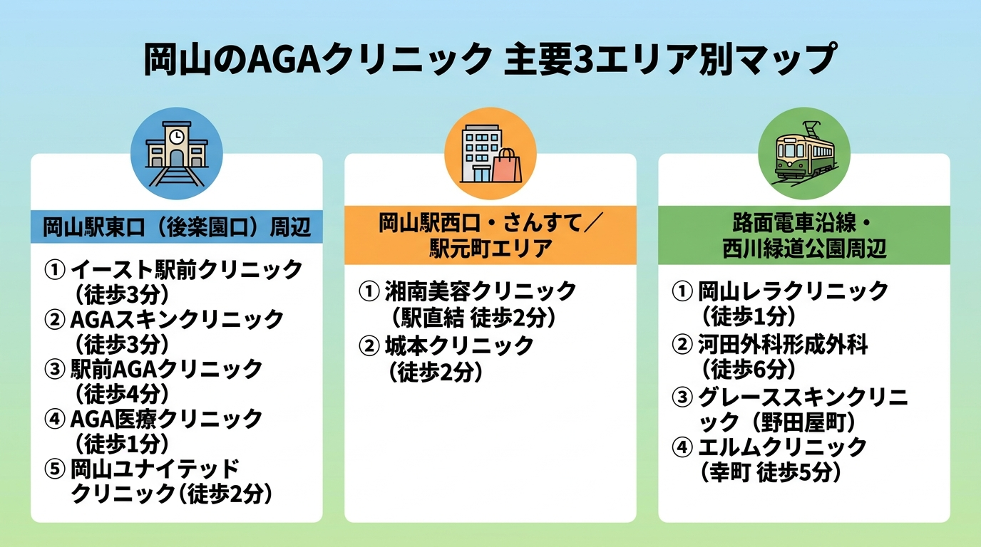 タイトル: 岡山のAGAクリニック 主要3エリア別マップ。3つのエリアカードで整理。カード1(駅アイコン)ヘッダー: 岡山駅東口(後楽園口)周辺、内容: イースト駅前クリニック(徒歩3分)/AGAスキンクリニック(徒歩3分)/駅前AGAクリニック(徒歩4分)/AGA医療クリニック(徒歩1分)/岡山ユナイテッドクリニック(徒歩2分)。カード2(商業施設アイコン)ヘッダー: 岡山駅西口・さんすて/駅元町エリア、内容: 湘南美容クリニック(駅直結 徒歩2分)/城本クリニック(徒歩2分)。カード3(路面電車アイコン)ヘッダー: 路面電車沿線・西川緑道公園周辺、内容: 岡山レラクリニック(徒歩1分)/河田外科形成外科(徒歩6分)/グレーススキンクリニック(野田屋町)/エルムクリニック(幸町 徒歩5分)