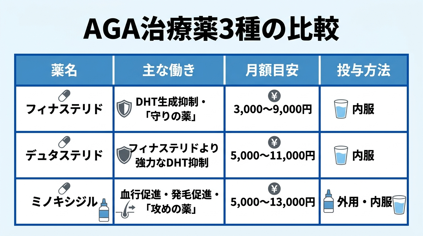 タイトル: AGA治療薬3種の比較。4列の表: ヘッダー行: 薬名 | 主な働き | 月額目安 | 投与方法。行1: フィナステリド | DHTの生成を抑える「守りの薬」 | 3,000〜9,000円 | 内服。行2: デュタステリド | フィナステリドより強力にDHTを抑制 | 5,000〜11,000円 | 内服。行3: ミノキシジル | 血行を促進して発毛を促す「攻めの薬」 | 5,000〜13,000円 | 外用・内服