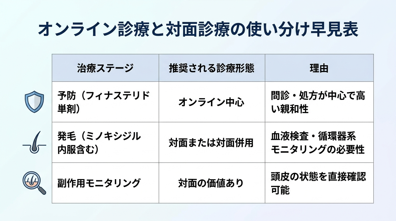 タイトル: オンライン診療と対面診療の使い分け早見表。3列の表: ヘッダー行: 治療ステージ | 推奨される診療形態 | 理由。行1: 予防(フィナステリド単剤) | オンライン中心 | 問診と処方が中心で親和性が高い。行2: 発毛(ミノキシジル内服含む) | 対面または対面併用 | 血液検査・循環器系モニタリングが必要な場合がある。行3: 副作用モニタリング | 対面の価値あり | 頭皮の状態を直接確認できる