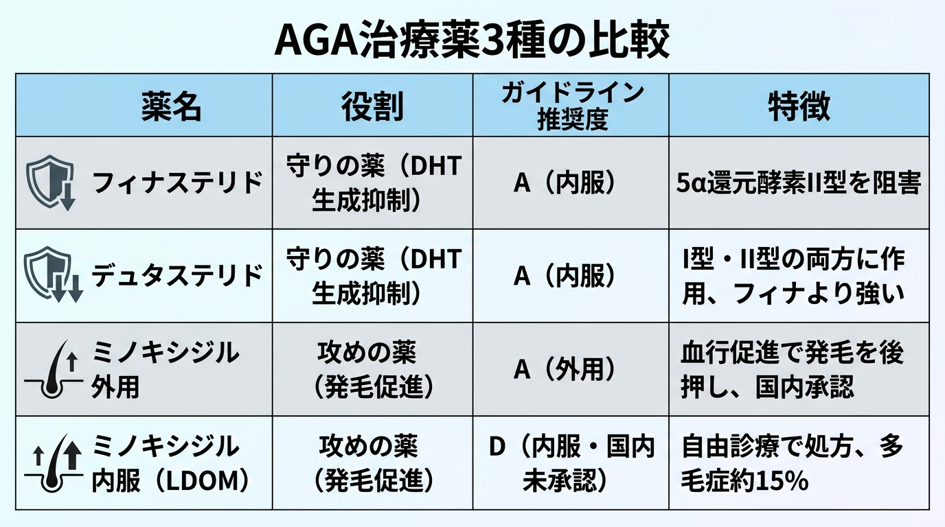 タイトル: AGA治療薬3種の比較。4列の表: ヘッダー行: 薬名 | 役割 | ガイドライン推奨度 | 特徴。行1: フィナステリド | 守りの薬(DHT生成抑制) | A(内服) | 5α還元酵素II型を阻害。行2: デュタステリド | 守りの薬(DHT生成抑制) | A(内服) | I型・II型の両方に作用、フィナより強い。行3: ミノキシジル外用 | 攻めの薬(発毛促進) | A(外用) | 血行促進で発毛を後押し、国内承認。行4: ミノキシジル内服(LDOM) | 攻めの薬(発毛促進) | D(内服・国内未承認) | 自由診療で処方、多毛症約15%