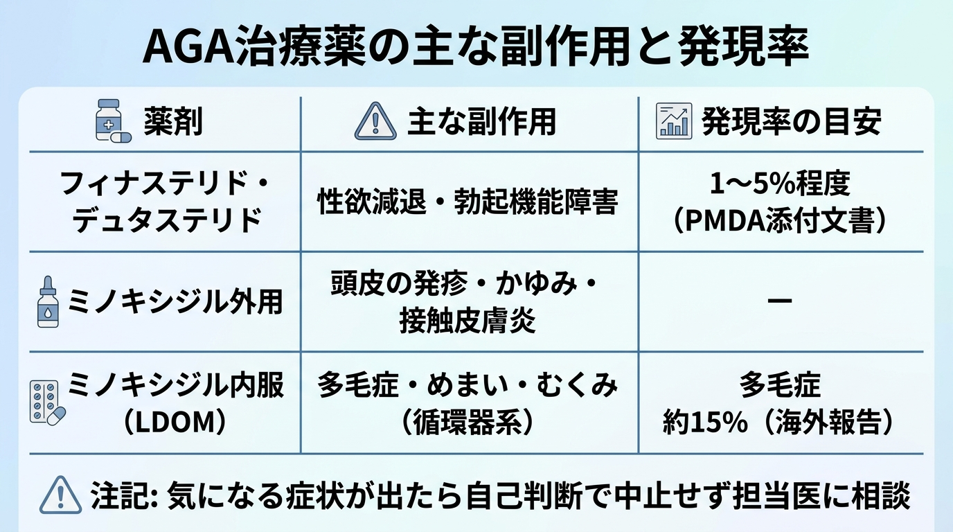 タイトル: AGA治療薬の主な副作用と発現率。3列の表: ヘッダー行: 薬剤 | 主な副作用 | 発現率の目安。行1: フィナステリド・デュタステリド | 性欲減退・勃起機能障害 | 1〜5%程度(PMDA添付文書)。行2: ミノキシジル外用 | 頭皮の発疹・かゆみ・接触皮膚炎 | ー。行3: ミノキシジル内服(LDOM) | 多毛症・めまい・むくみ(循環器系) | 多毛症 約15%(海外報告)。注記: 気になる症状が出たら自己判断で中止せず担当医に相談