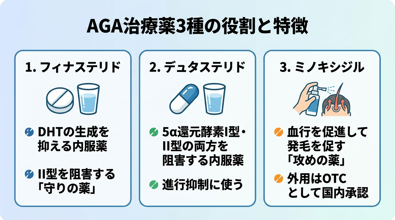 タイトル: AGA治療薬3種の役割と特徴。横並び3カード: カード1（錠剤アイコン）フィナステリド: DHTの生成を抑える内服薬。II型を阻害する「守りの薬」。カード2（カプセルアイコン）デュタステリド: 5α還元酵素I型・II型の両方を阻害する内服薬。進行抑制に使う。カード3（スプレーアイコン）ミノキシジル: 血行を促進して発毛を促す「攻めの薬」。外用はOTCとして国内承認。