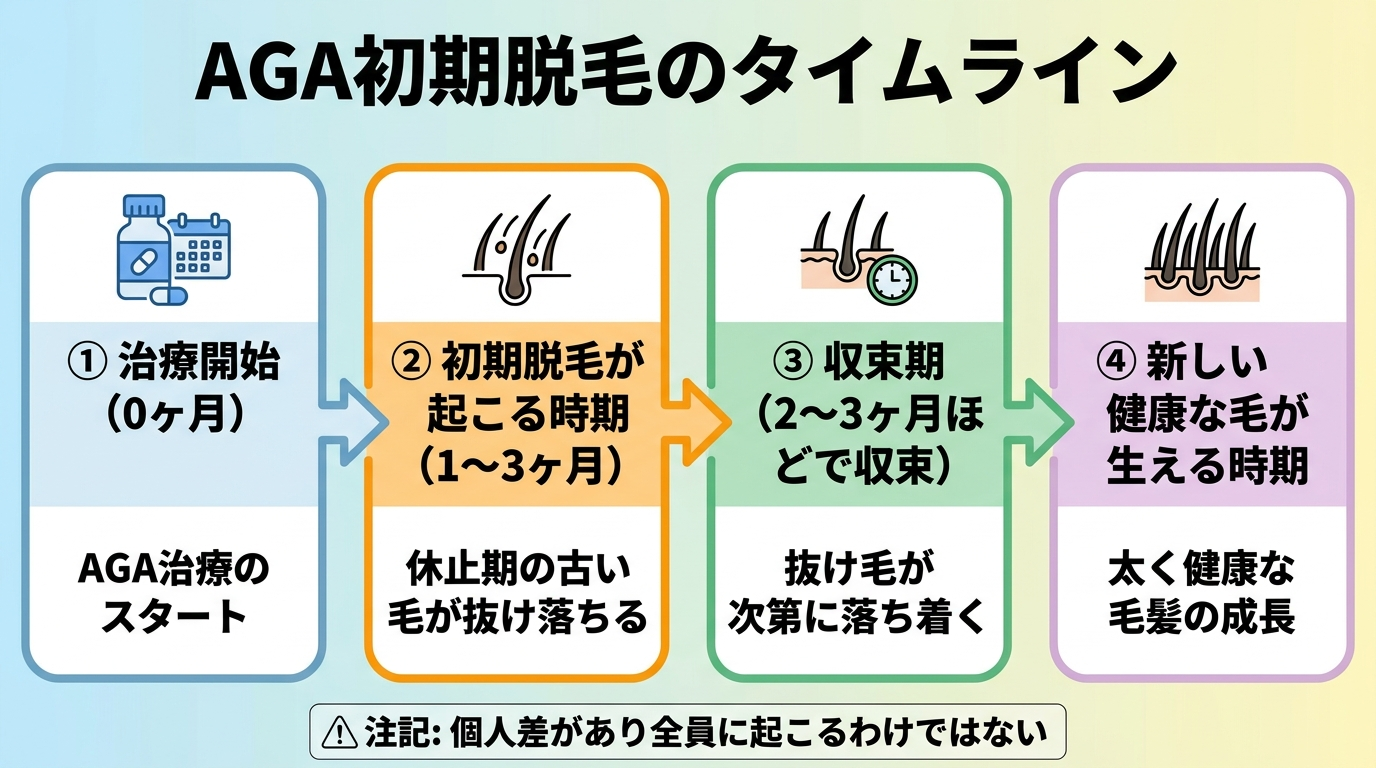 タイトル: AGA初期脱毛のタイムライン。横方向の時間軸チャート: 治療開始（0ヶ月）→ 初期脱毛が起こる時期（1〜3ヶ月：休止期の古い毛が抜け落ちる）→ 収束期（2〜3ヶ月ほどで収束）→ 新しい健康な毛が生える時期。注記: 個人差があり全員に起こるわけではない。