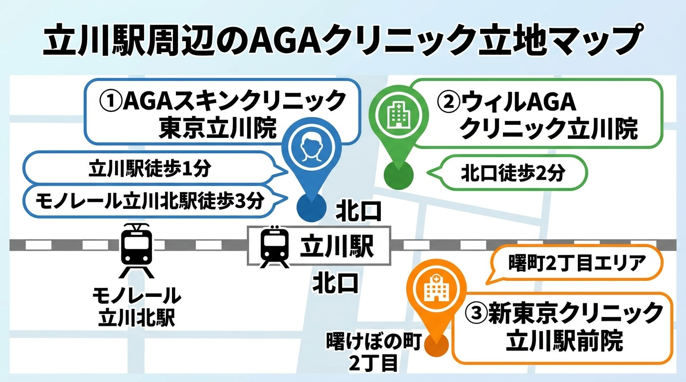 タイトル: 立川駅周辺のAGAクリニック立地マップ。立川駅を中心に北口・曙町エリアを示した簡易地図イラスト。AGAスキンクリニック東京立川院(立川駅徒歩1分・モノレール立川北駅徒歩3分)、ウィルAGAクリニック立川院(立川駅北口徒歩2分)、新東京クリニック立川駅前院(曙町2丁目)の3院を駅からの距離とともに配置。各院に徒歩分数を吹き出しで表示