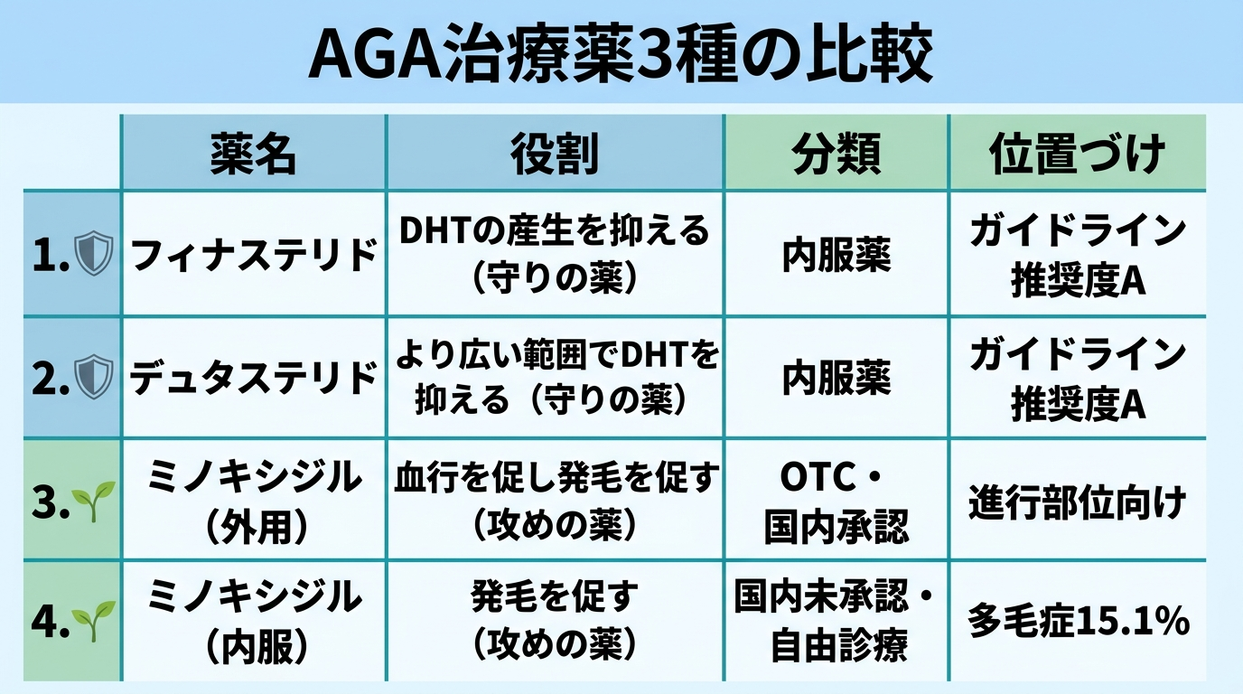 タイトル: AGA治療薬3種の比較。4列の表: ヘッダー行: 薬名 | 役割 | 分類 | 位置づけ。行1: フィナステリド | DHTの産生を抑える(守りの薬) | 内服薬 | ガイドライン推奨度A。行2: デュタステリド | より広い範囲でDHTを抑える(守りの薬) | 内服薬 | ガイドライン推奨度A。行3: ミノキシジル(外用) | 血行を促し発毛を促す(攻めの薬) | OTC・国内承認 | 進行部位向け。行4: ミノキシジル(内服) | 発毛を促す(攻めの薬) | 国内未承認・自由診療 | 多毛症15.1%
