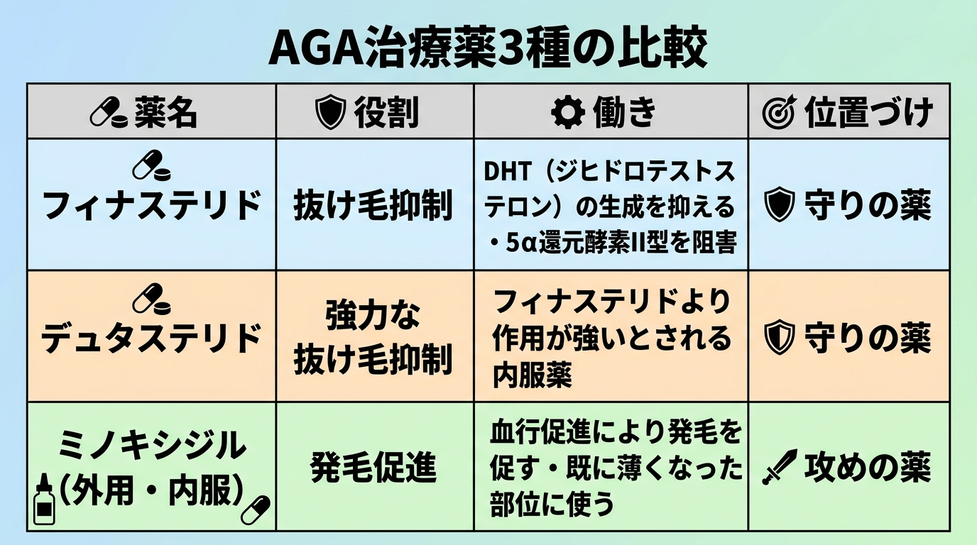 タイトル: AGA治療薬3種の比較。4列の表: ヘッダー行: 薬名 | 役割 | 働き | 位置づけ。行1: フィナステリド | 抜け毛抑制 | DHT(ジヒドロテストステロン)の生成を抑える・5α還元酵素II型を阻害 | 守りの薬。行2: デュタステリド | 強力な抜け毛抑制 | フィナステリドより作用が強いとされる内服薬 | 守りの薬。行3: ミノキシジル(外用・内服) | 発毛促進 | 血行促進により発毛を促す・既に薄くなった部位に使う | 攻めの薬