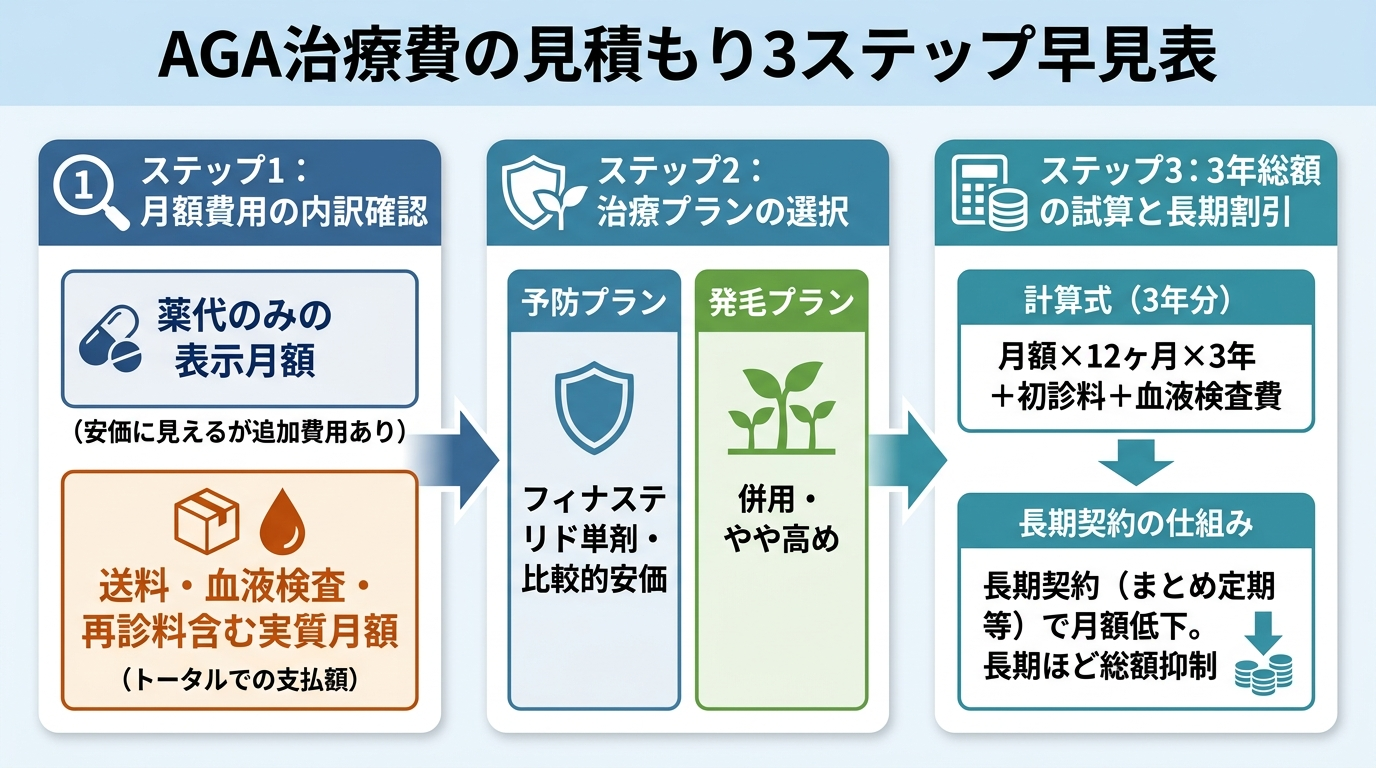 タイトル: AGA治療費の見積もり3ステップ早見表。縦並び3ステップのフロー図: ステップ1: 月額が「薬代のみ」か「送料・血液検査・再診料を含む実質額」かを確認。ステップ2: 予防プラン(フィナステリド単剤・比較的安価)か発毛プラン(併用・やや高め)かでプランを選ぶ。ステップ3: 3年総額を試算(月額×12ヶ月×3年+初診料+血液検査費。まとめ定期で月額が下がる仕組みを使えば長期ほど総額を抑えやすい)