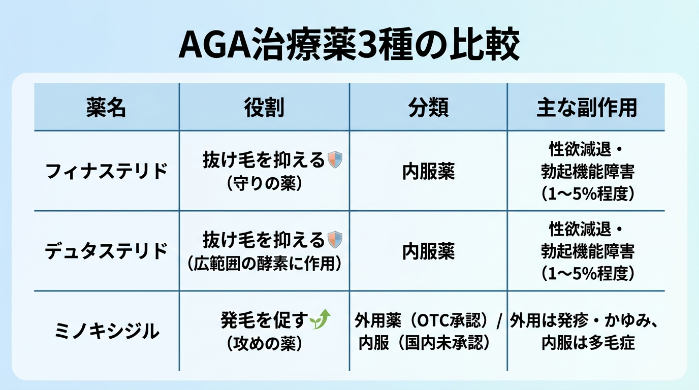 タイトル: AGA治療薬3種の比較。4列の表: ヘッダー行: 薬名 | 役割 | 分類 | 主な副作用。行1: フィナステリド | 抜け毛を抑える（守りの薬） | 内服薬 | 性欲減退・勃起機能障害（1〜5%程度）。行2: デュタステリド | 抜け毛を抑える（広範囲の酵素に作用） | 内服薬 | 性欲減退・勃起機能障害（1〜5%程度）。行3: ミノキシジル | 発毛を促す（攻めの薬） | 外用薬（OTC承認）／内服（国内未承認） | 外用は発疹・かゆみ、内服は多毛症