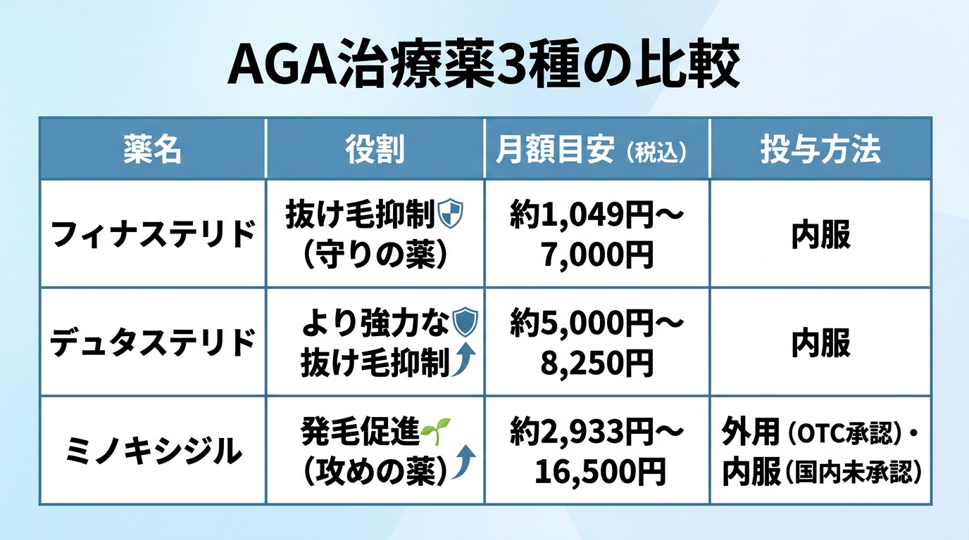 タイトル: AGA治療薬3種の比較。4列の表: ヘッダー行: 薬名 | 役割 | 月額目安(税込) | 投与方法。行1: フィナステリド | 抜け毛抑制(守りの薬) | 約1,049円〜7,000円 | 内服。行2: デュタステリド | より強力な抜け毛抑制 | 約5,000円〜8,250円 | 内服。行3: ミノキシジル | 発毛促進(攻めの薬) | 約2,933円〜16,500円 | 外用(OTC承認)・内服(国内未承認)