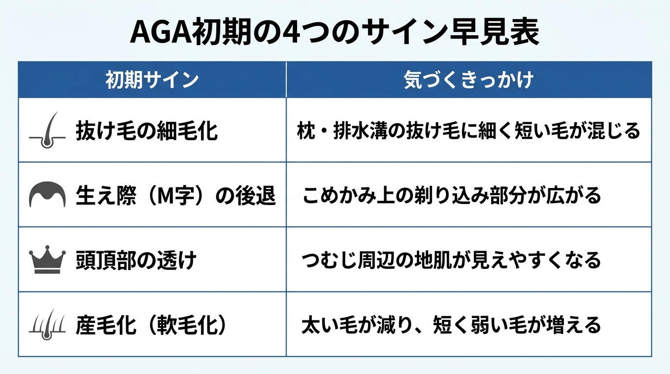 タイトル: AGA初期の4つのサイン早見表。2列の表: ヘッダー行: 初期サイン | 気づくきっかけ。行1: 抜け毛の細毛化 | 枕・排水溝の抜け毛に細く短い毛が混じる。行2: 生え際(M字)の後退 | こめかみ上の剃り込み部分が広がる。行3: 頭頂部の透け | つむじ周辺の地肌が見えやすくなる。行4: 産毛化(軟毛化) | 太い毛が減り、短く弱い毛が増える