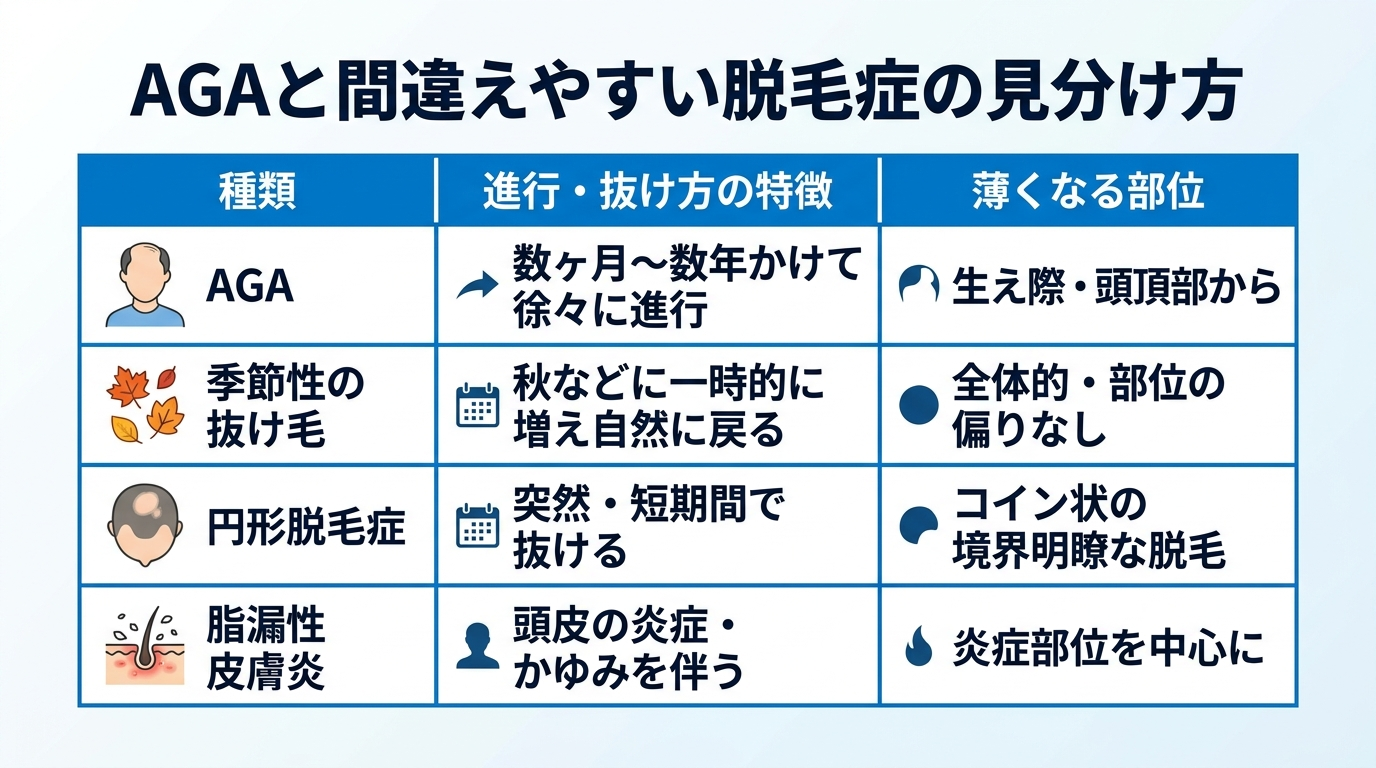 タイトル: AGAと間違えやすい脱毛症の見分け方。3列の表: ヘッダー行: 種類 | 進行・抜け方の特徴 | 薄くなる部位。行1: AGA | 数ヶ月〜数年かけて徐々に進行 | 生え際・頭頂部から。行2: 季節性の抜け毛 | 秋などに一時的に増え自然に戻る | 全体的・部位の偏りなし。行3: 円形脱毛症 | 突然・短期間で抜ける | コイン状の境界明瞭な脱毛。行4: 脂漏性皮膚炎 | 頭皮の炎症・かゆみを伴う | 炎症部位を中心に