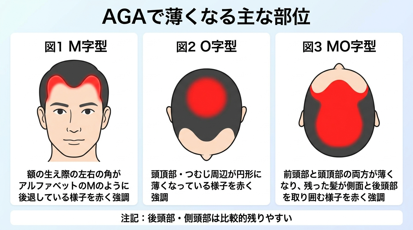 タイトル: AGAで薄くなる主な部位。頭部の上面・正面図のイラストで3パターンを並べる。図1(正面図)M字型: 額の生え際の左右の角がアルファベットのMのように後退している様子を赤く強調。図2(上面図)O字型: 頭頂部・つむじ周辺が円形に薄くなっている様子を赤く強調。図3: MO字型: 前頭部と頭頂部の両方が薄くなり、残った髪が側面と後頭部を取り囲む様子を赤く強調。注記: 後頭部・側頭部は比較的残りやすい