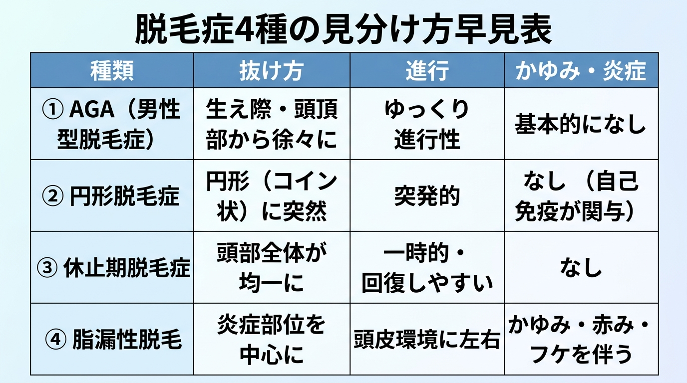 タイトル: 脱毛症4種の見分け方早見表。4列の表: ヘッダー行: 種類 | 抜け方 | 進行 | かゆみ・炎症。行1: AGA(男性型脱毛症) | 生え際・頭頂部から徐々に | ゆっくり進行性 | 基本的になし。行2: 円形脱毛症 | 円形(コイン状)に突然 | 突発的 | なし(自己免疫が関与)。行3: 休止期脱毛症 | 頭部全体が均一に | 一時的・回復しやすい | なし。行4: 脂漏性脱毛 | 炎症部位を中心に | 頭皮環境に左右 | かゆみ・赤み・フケを伴う
