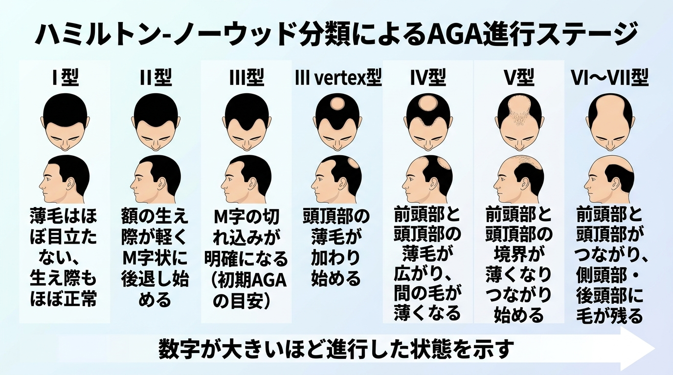 タイトル: ハミルトン-ノーウッド分類によるAGA進行ステージ。頭部の上面・側面図イラストで7段階を並べる。I型: 薄毛はほぼ目立たない、生え際もほぼ正常。II型: 額の生え際が軽くM字状に後退し始める。III型: M字の切れ込みが明確になる(初期AGAの目安)。III vertex型: 頭頂部の薄毛が加わり始める。IV型: 前頭部と頭頂部の薄毛が広がり、間の毛が薄くなる。V型: 前頭部と頭頂部の境界が薄くなりつながり始める。VI〜VII型: 前頭部と頭頂部がつながり、側頭部・後頭部に毛が残る。数字が大きいほど進行した状態を示す