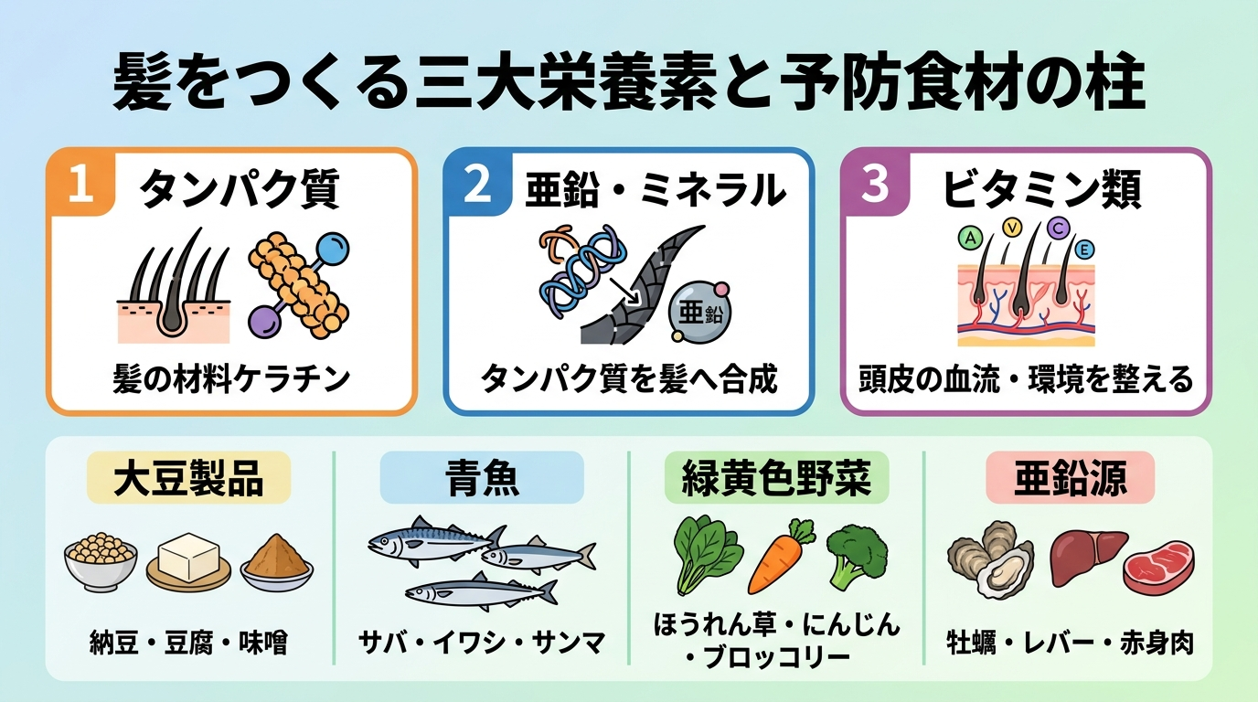 タイトル: 髪をつくる三大栄養素と予防食材の柱。上段に3カード(タンパク質=髪の材料ケラチン/亜鉛・ミネラル=タンパク質を髪へ合成/ビタミン類=頭皮の血流・環境を整える)。下段に予防食材4カテゴリーをアイコン付きで横並び表示: 大豆製品(納豆・豆腐・味噌)|青魚(サバ・イワシ・サンマ)|緑黄色野菜(ほうれん草・にんじん・ブロッコリー)|亜鉛源(牡蠣・レバー・赤身肉)