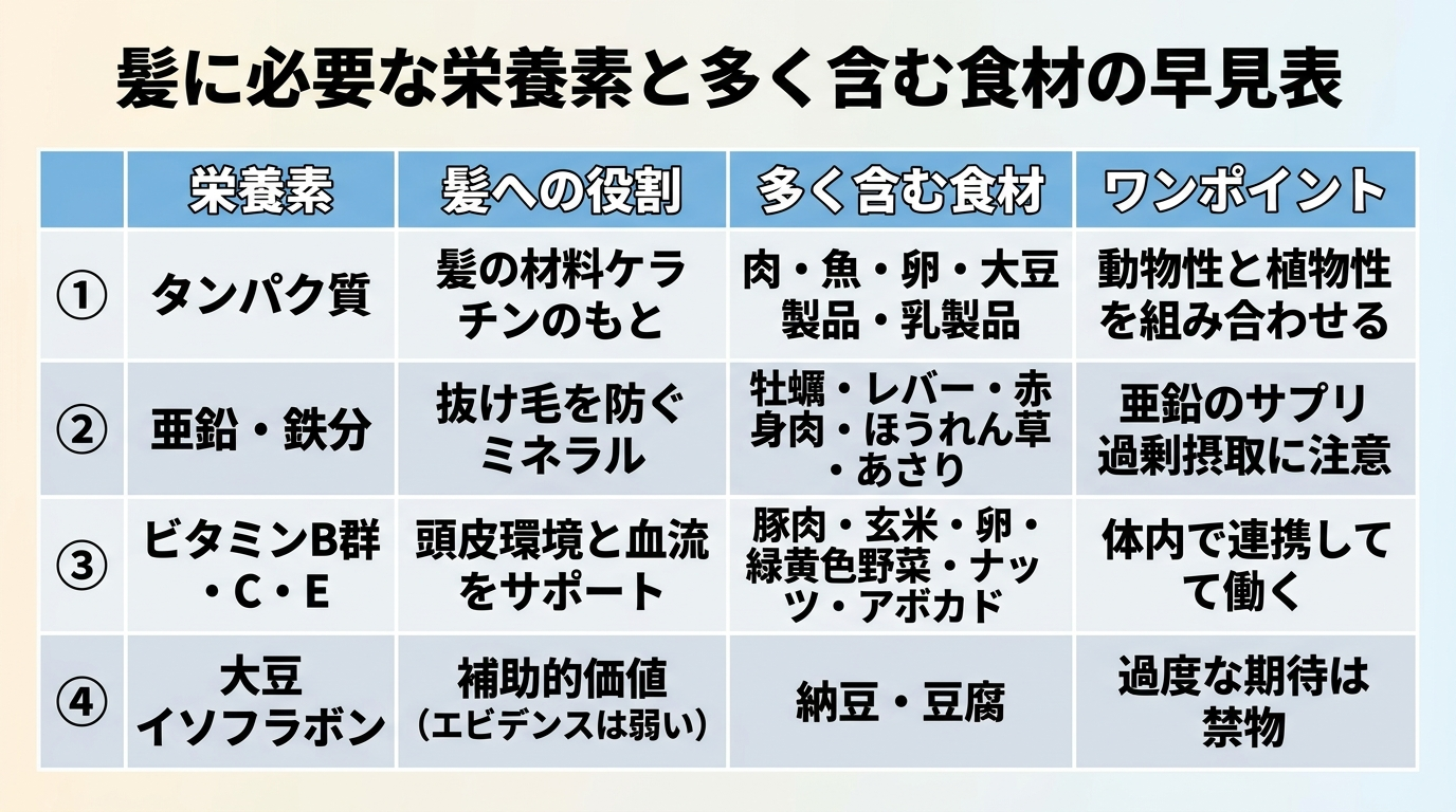 タイトル: 髪に必要な栄養素と多く含む食材の早見表。4列の表: ヘッダー行: 栄養素 | 髪への役割 | 多く含む食材 | ワンポイント。行1: タンパク質 | 髪の材料ケラチンのもと | 肉・魚・卵・大豆製品・乳製品 | 動物性と植物性を組み合わせる。行2: 亜鉛・鉄分 | 抜け毛を防ぐミネラル | 牡蠣・レバー・赤身肉・ほうれん草・あさり | 亜鉛のサプリ過剰摂取に注意。行3: ビタミンB群・C・E | 頭皮環境と血流をサポート | 豚肉・玄米・卵・緑黄色野菜・ナッツ・アボカド | 体内で連携して働く。行4: 大豆イソフラボン | 補助的価値(エビデンスは弱い) | 納豆・豆腐 | 過度な期待は禁物