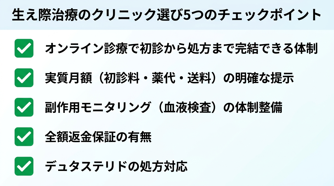 タイトル: 生え際治療のクリニック選び5つのチェックポイント。縦並びチェックリスト形式で: ①オンライン診療で初診から処方まで完結できるか ②実質月額(初診料・薬代・送料)が明確か ③副作用モニタリング(血液検査)の体制があるか ④全額返金保証の有無 ⑤デュタステリドの処方に対応しているか。各項目に緑のチェックマークアイコンを付ける