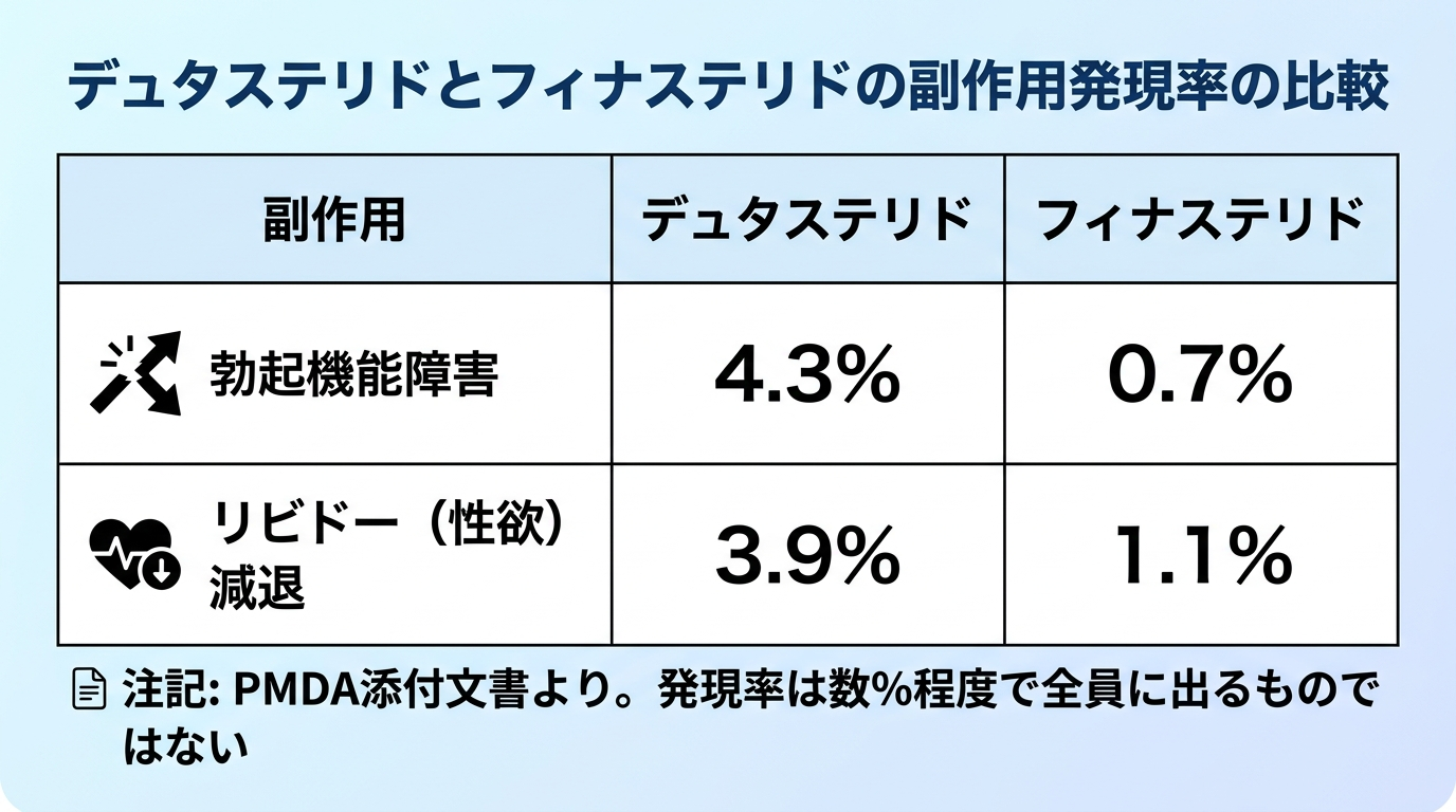 タイトル: デュタステリドとフィナステリドの副作用発現率の比較。3列の表: ヘッダー行: 副作用 | デュタステリド | フィナステリド。行1: 勃起機能障害 | 4.3% | 0.7%。行2: リビドー(性欲)減退 | 3.9% | 1.1%。注記: PMDA添付文書より。発現率は数%程度で全員に出るものではない
